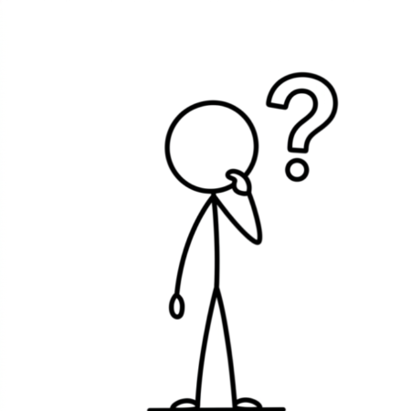 A stick figure with a question mark by its head indicating curiosity.