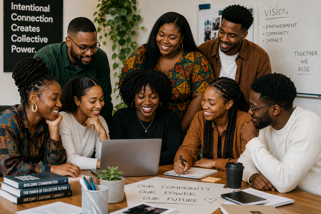 Eight young adults of diverse backgrounds collaborate around a table in a bright office, smiling and working together on a laptop and notes, reflecting community, teamwork, and empowerment.